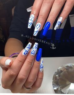 Cute Blue Acrylic Nail Designs, Blue Acrilyc Nails Design, Electric Blue Nails Acrylic Design, Blue And White Nails Coffin, Blue Acrylic Nail Designs Ideas, Medium Nail Designs Blue, Nails Acrylic Designs Blue, Long Nail Designs Blue, White And Blue Nails Acrylic