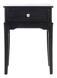 an end table with a drawer on the bottom and one drawer at the top, in black