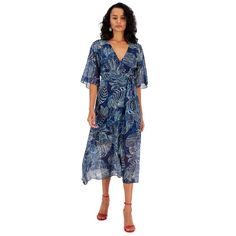 Featuring A Gorgeous Tropical Floral Print, This Wrap Dress From Guess Is Finished With A Waist-Tie Belt And Kimono Sleeves. Approx. Model Height Is 5'10" And She Is Wearing A Size Small Surplice Neckline Kimono Sleeves Wrap Design; Self-Tie Belt At Waist Lined Viscose/Polyamide; Lining: Polyester Hand Wash Imported Blue Dress With Tie Waist And Surplice Neckline, Flowy Wrap Dress For Evening In Summer, Flowy Wrap Dress For Summer Evenings, Elegant Beach Wrap Dress With Tie Waist, Elegant Wrap Dress With Tie Waist For Beach, Summer Evening Wrap Dress With Floral Print, Chic Summer Silk Wrap Dress, Blue Wrap Dress With Tie Waist For Brunch, Silk Tie Waist Dresses For Daywear