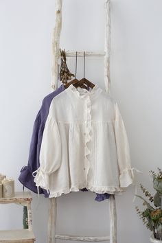 "This is a new-made linen blouse. Fully edged with lace. The sleeves is specially designed. Cuff tied with bow tie. Cute and romantic. Made of 100% nature linen. There are 2 colors available, white and bluish violet. Measures approximately (Loose type, suitable for all body types): 1/2 Bust: 80cm (31.5\") Length: 65cm (25.6\") Shoulder to Shoulder: 57cm (22.44\") ruffle Sleeve: 43cm (17\") There may be 1-2cm measurement margin. ---------------------------------------- Linen is a washable fabric, Long Sleeve Linen Blouse With Ruffles, Elegant Linen Blouse With Lace Trim, White Linen Blouse With Lace Trim, Elegant Long Sleeve Wedding Dresses, Violet Vintage, Stylish Short Dresses, Fashion Tops Blouse, Easy Trendy Outfits, Elegant Dresses For Women