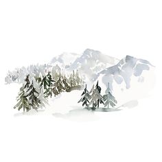 watercolor painting of snow covered mountains and evergreen trees in the foreground, with white background