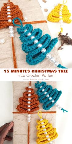 the crochet christmas tree is made with yarn, beads and wood dows