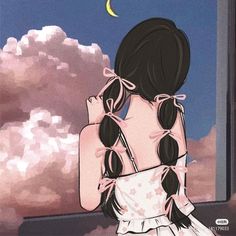 a girl with braids looking out the window at the moon and clouds in the sky