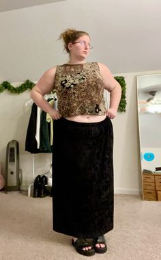 plus size 90s black maxi skirt aesthetic inspo black platform sandal Thrifted Outfits Skirts, Black Maxi Skirt Outfit Midsize, Black Maxi Skirt Outfit Spring, Long Skirt Midsize, Plus Size Black Skirt Outfit, 90s Skirt Outfits Long, 90s Platform Sandals Outfit, Long Skirt Outfits Plus Size, Plus Size 90s Outfits