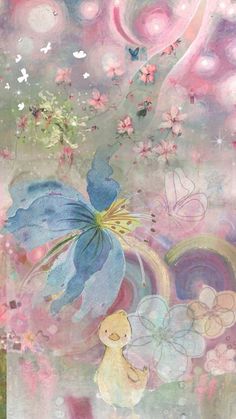 an abstract painting with flowers and butterflies