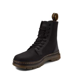 Dr. Martens Combs Boot - Black | Journeys Streetwear Lace-up Combat Boots With Rubber Sole, Lace-up Combat Boots With Rubber Sole For Streetwear, Functional Leather Boots With Laces, Lace-up Boots With Rubber Toe Cap For Streetwear, Casual Synthetic Combat Boots For Streetwear, Functional Lace-up Boots For Streetwear, Functional Lace-up Combat Boots For Sports, Casual Lace-up Combat Boots, Urban Style Boots With Round Toe And Laces