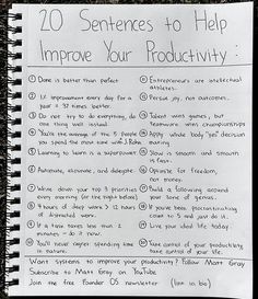 a notebook with writing on it that says 20 sentences to help improve your product