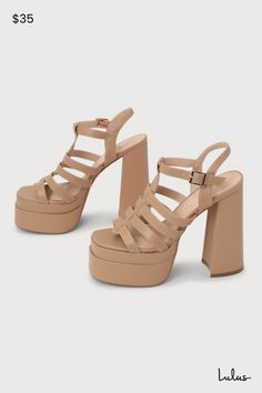 You can count on the Lulus Medeli Light Nude Caged Platform High Heel Sandals to get you noticed and adored! Smooth faux leather constructs a trendy caged upper with woven details that creates an open toe design atop a 2.25"" a double-layered platform sole. A sky-high block heel and a slender quarter strap with a shiny gold buckle complete the look! 5. 75" wrapped block heel. Cushioned insole. Rubber sole has nonskid markings. Man made materials. Imported. Lulus | Medeli Light Nude Caged Platform High Heel Sandal Heels. Homecoming Shoes, Sandal Heels, Platform High Heels, Heel Sandal, Ankle Strap Heels, Spring Shoes, Toe Designs, Sky High, Ankle Straps