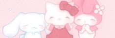 two hello kitty dolls standing next to each other in front of a pink wallpaper