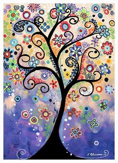 an abstract tree with colorful flowers and swirls on purple background framed print by person