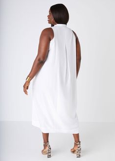 Plus Size Summer Pleated Shirtdress Plus Size Woven Dress Spring Longline Midi Dress For Date Night, Chic Knee-length Midi Dress With Pleated Back, Chic Mid-length Shirt Dress For Day Out, Summer Midi Dress With Pleated Back, Sleeveless Midi Dress With Pleated Hem For Work, Spring Knee-length Midi Dress With Pleated Back, Chic Mid-length Shirt Dress For Daywear, Summer Workwear Midi Dress Unlined, Midi Length Workwear Dresses With Side Slits