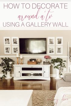 a living room with pictures on the wall and a flat screen tv mounted above it