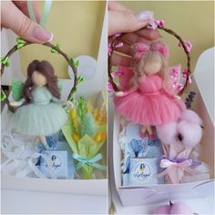 two pictures of dolls in boxes with flowers