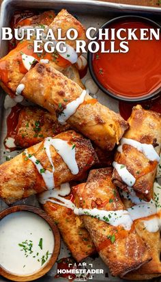 buffalo chicken eggrolls with ranch dressing on the side and dipping sauce in a bowl