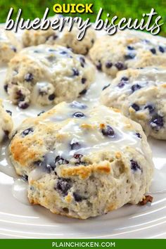 blueberry biscuits on a white plate with the words quick blueberry biscuits above it