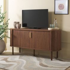 a flat screen tv sitting on top of a wooden entertainment center next to a potted plant