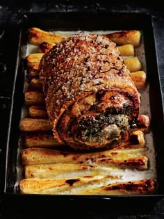 a meatloaf and french fries on a tray