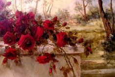 a painting of red roses in a vase on a ledge with trees and water behind it