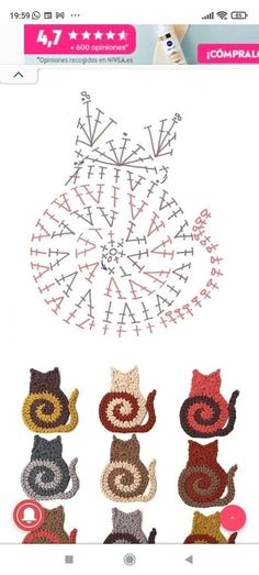 the crochet pattern for cats is shown in three different colors