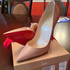 Nib Authentic Christian Louboutin Sokate 120mm Patent Nude 40 Euro.....Only Worn To Try On And Walk Around The House.....Purchased At Neiman Marcus (I Cant Find The Receipt But I’m Sure They Can Pull It Up In The Store ) Paid $675+Tx Willing To Take $650.....Price Firm!!!! No Trades!!! Authenticity Proved Through Poshmark On Item Greater Than $500! Luxury High Heel Beige Heels, Luxury Beige High Heel Shoes, Luxury Beige High Heels, Beige Heels With Red Sole, Elegant Beige Heels With Red Sole, Luxury Beige Heels With Red Sole, So Kate, Greater Than, Christian Louboutin Shoes