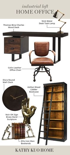 Modern, Industrial, Dark and Masculine home office featuring a leather office chair and metal desk task lamp Office Bookshelf Styling, Loft Home Office, Masculine Office, Office Bookshelf, Loft Home, Industrial Coffee, Industrial Desk, Bookshelf Styling