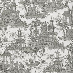 an old wallpaper pattern with people and animals in the water, surrounded by trees