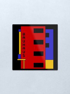 a black, red, yellow and blue abstract painting metal print