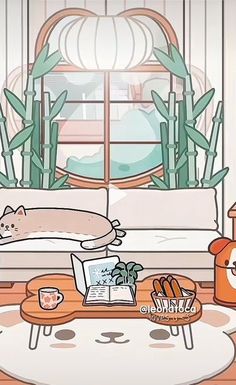 a living room filled with furniture and a cat laying on top of a couch next to a window