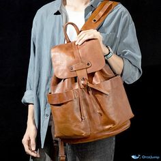 OrcaJump - Classic Leather Backpack with a Timeless Appeal Large Capacity Leather Shoulder Backpack For Outdoor, Casual Leather Shoulder Backpack For Travel, Brown Casual Leather Backpack For Travel, Casual Leather Shoulder Bag Backpack For Travel, Casual Brown Leather Backpack For Travel, Casual Leather Backpack With Large Capacity, Casual Leather Softback Backpack With Adjustable Strap, Large Capacity Leather Backpack, Brown Backpack For Daily Use