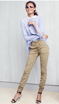 vogue and coffee | What I’m loving at J. Crew   Shop the looks at... Chinos Women, Light Blue Blouse, Tan Chinos, Stretch Chinos, Women Outfits, Jcrew Women, 2015 Fashion, 80s Fashion, Spring Summer Fashion