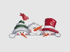 two snowmen with hats and scarfs on their heads are shown in this cross stitch pattern