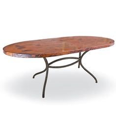 an oval table with iron legs and a wooden top, on a white background photo