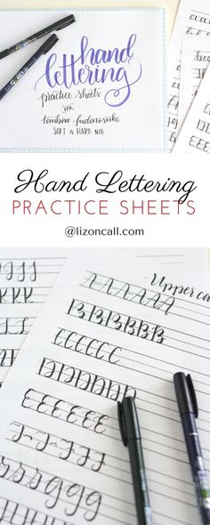 the hand lettering practice sheet is shown with two pens and one pen on top of it