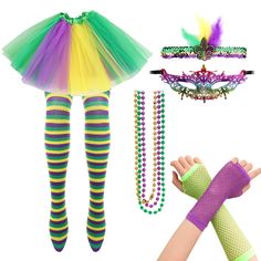 PRICES MAY VARY. Mardi Gras Women's Costume Set: The Mardi Gras parade party set includes 1 pc of puffy skirt, 1 pc of lace mask, 1 pc of Mardi Gras hair ribbon, 3 pcs of bead necklaces in 3 colors, 1 pair of striped knee high socks, 1 pair of long fishing net gloves in different colors, which can be easily matched with different styles of costumes, and it's perfectly suitable for you to dress up for Mardi Gras and Halloween. FIT SIZE: Mardi Gras plush accessories's necklace is 80cm/31in long, m Multicolor Rave Costume Accessories For Costume Party, Multicolor Rave Costume Accessories, Multicolor Party Supplies For Carnival Costume Party, 80s Halloween Costume, Net Gloves, 80s Halloween Costumes, Mardi Gras Dress, 80s Halloween, Beaded Gloves