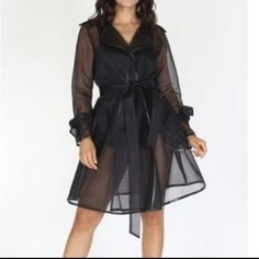 Polyester Tie Sleeves Sash Chic Sheer Long Sleeve Outerwear, Sheer Long Sleeve Party Outerwear, Chic Belted Summer Outerwear, Spring Black Sheer Outerwear, Sheer Outerwear For Spring Party, Spring Sheer Party Outerwear, Spring Party Sheer Outerwear, Elegant Sheer Outerwear For Fall, Chic Sheer Outerwear For Fall