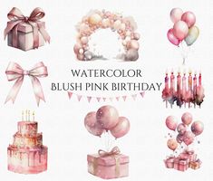 watercolor pink birthday set with balloons and gifts