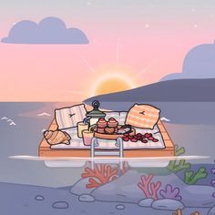 an image of a cartoon scene with food on the beach