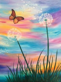 a painting of dandelions and a butterfly in the sky