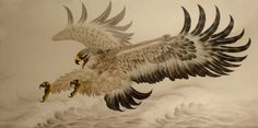 a drawing of an eagle flying through the air with two birds in it's talons