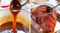 two pictures showing the process of cooking ham and sauce being poured on it with tongs