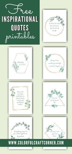 four free printables for wedding cards with the words, free inspirational quotes and green leaves