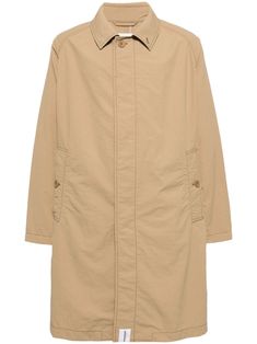 light brown classic collar concealed front button fastening long sleeves two side button-fastening pockets straight hem Beige Long Coat With Button Cuffs, Classic Brown Outerwear With Buttoned Pockets, Single Breasted Gabardine Long Sleeve Outerwear, Long Sleeve Single Breasted Gabardine Outerwear, Classic Khaki Outerwear With Button Cuffs, Solid Gabardine Outerwear With Buttons, Elegant Brown Cotton Outerwear, Long Gabardine Coat With Button Closure, Khaki Gabardine Outerwear With Button Closure