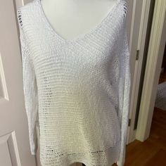 New Condition And Never Worn Offers Welcome Because I Rarely Send Them Out Size Small But Could Fit A Medium Approx Measurements 21” Pit To Pit Front Length 24”/27” Back Great For Summer, Swimsuit Cover, Jeans Cotton Hooded Cross Posted White Cozy Open Knit Top, Cozy White Open Knit Top, Casual Long Sleeve Knit Top For Beach, Casual Long Sleeve Beach Knit Top, White Knit Top For Beach In Fall, Casual White Beach Sweater, Casual Knit Sweater In Winter White, Casual Winter White Knit Sweater, Casual Knitted Tops In Winter White