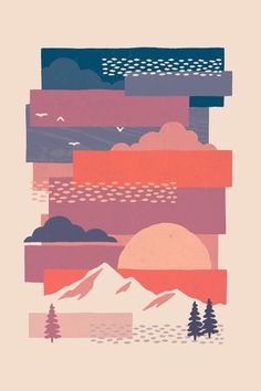 a poster with mountains, trees and clouds in the background that says it's winter