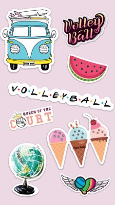 various stickers that say volleyball, volleyball ball and watermelon on pink background