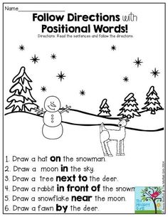 a snowman worksheet with the words follow directions and an image of a reindeer