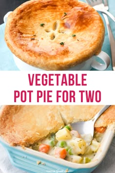 vegetable pot pie for two in a blue casserole dish