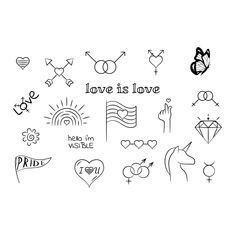 the word love is written in black ink on a white background with many different symbols