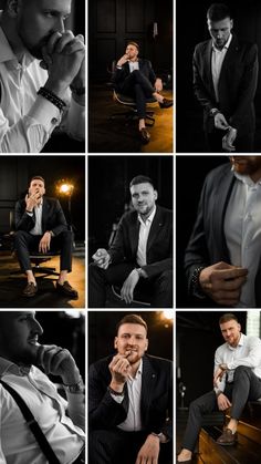 a collage of men in suits and ties posing for different pictures with their hands on their chins