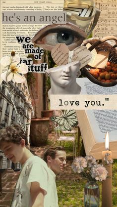 the collage is made up of photos and words, including an image of a woman's face